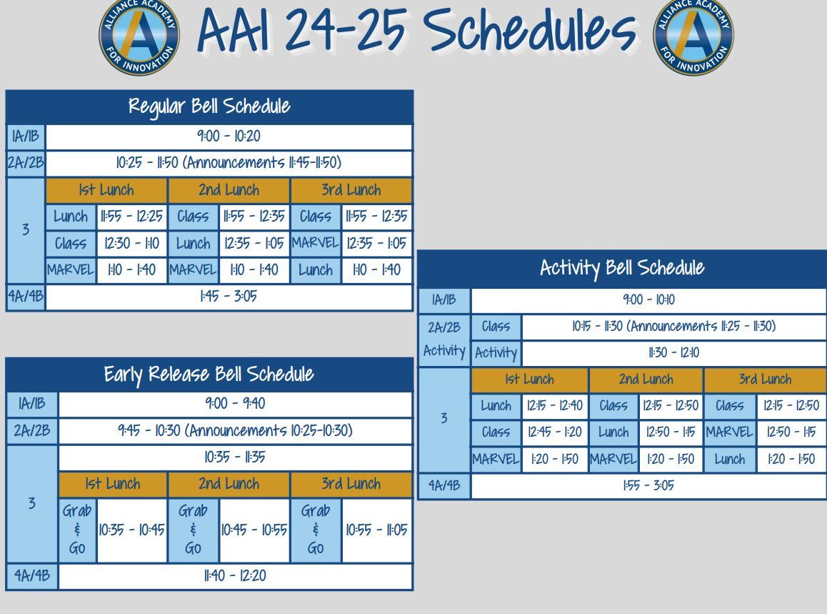 AAI Bell Schedule for the 2024-2025 School Year